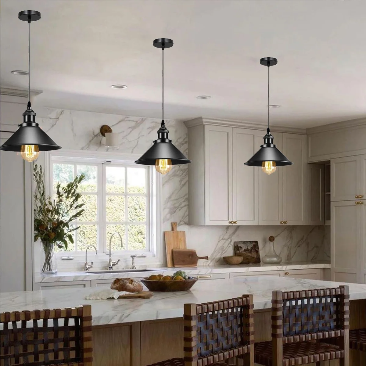 Black metal pendant light with cone shade, PVC cable, E27 base, hanging from ceiling plate