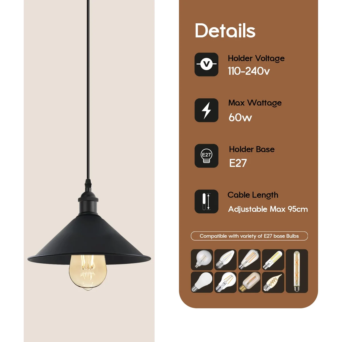 Black metal cone shade pendant light with E27 socket, PVC 95 cm cable, stylish home fixture.