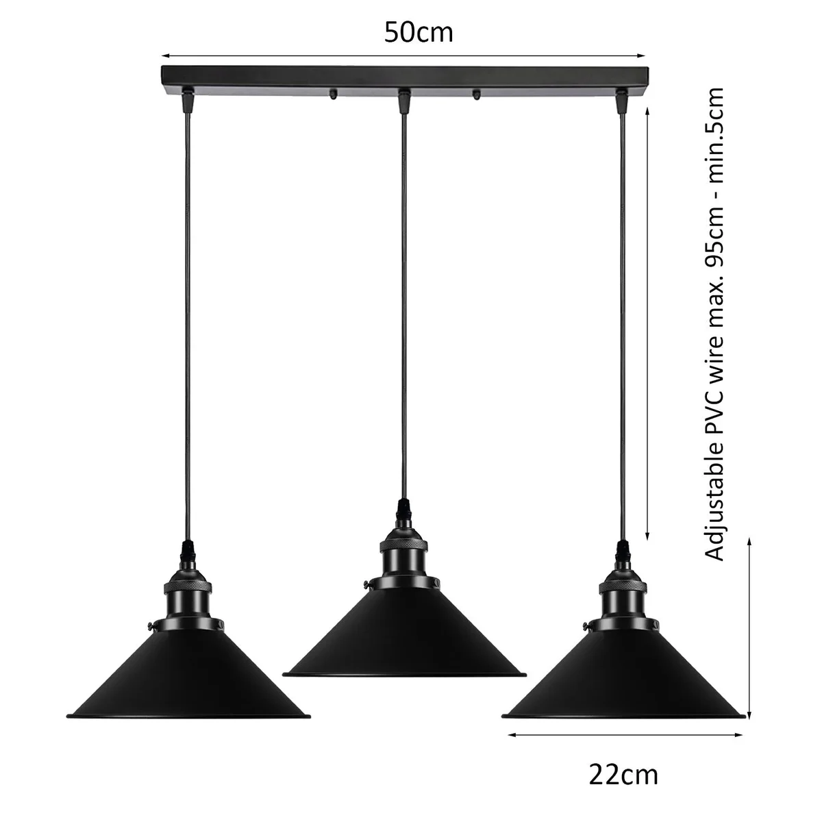 Black metal cone shade light with E27 base, PVC cable and simple pendant design.