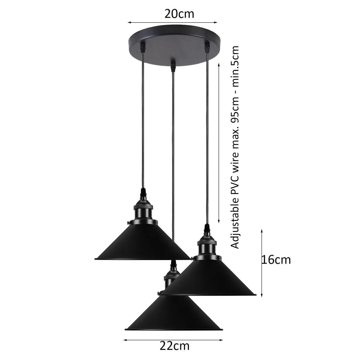 Modern ceiling pendant: black metal cone shade light fixture with PVC cable, E27 lamp base