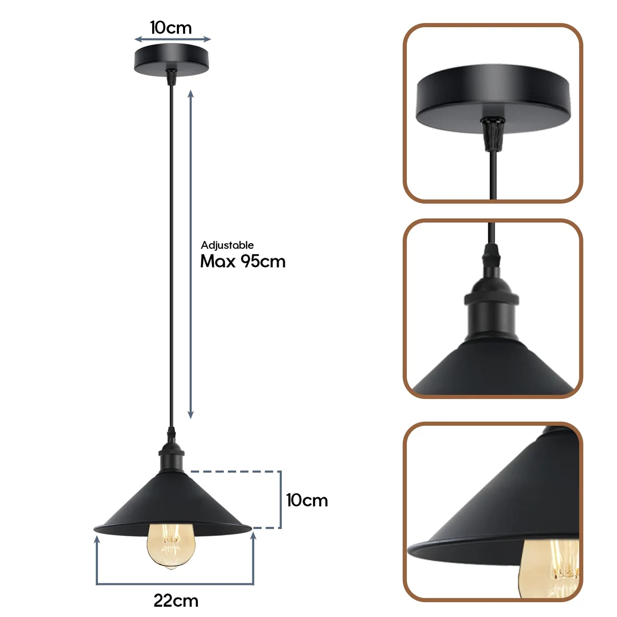 Black ceiling light fixture with metal cone shade, hanging from ceiling with PVC cable.