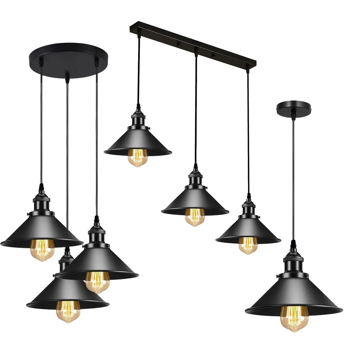 Black metal cone shade pendant light with PVC cable pendant, E27 base, 95 cm cable, 1‑head assembly