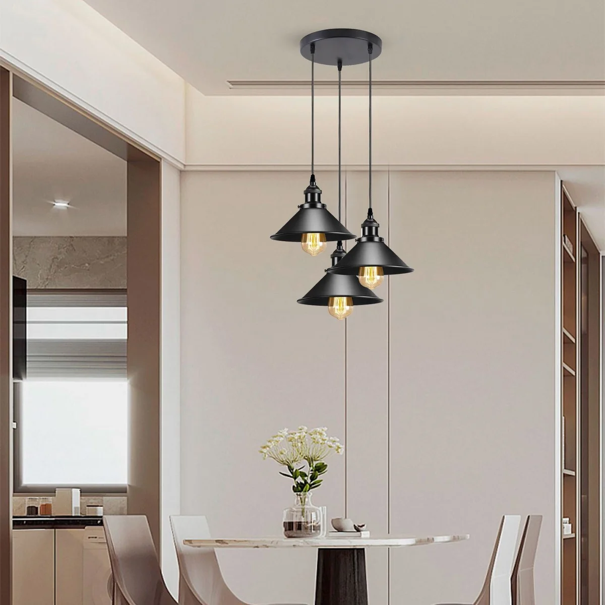black metal pendant light with cone shade hanging from a 95cm PVC cable