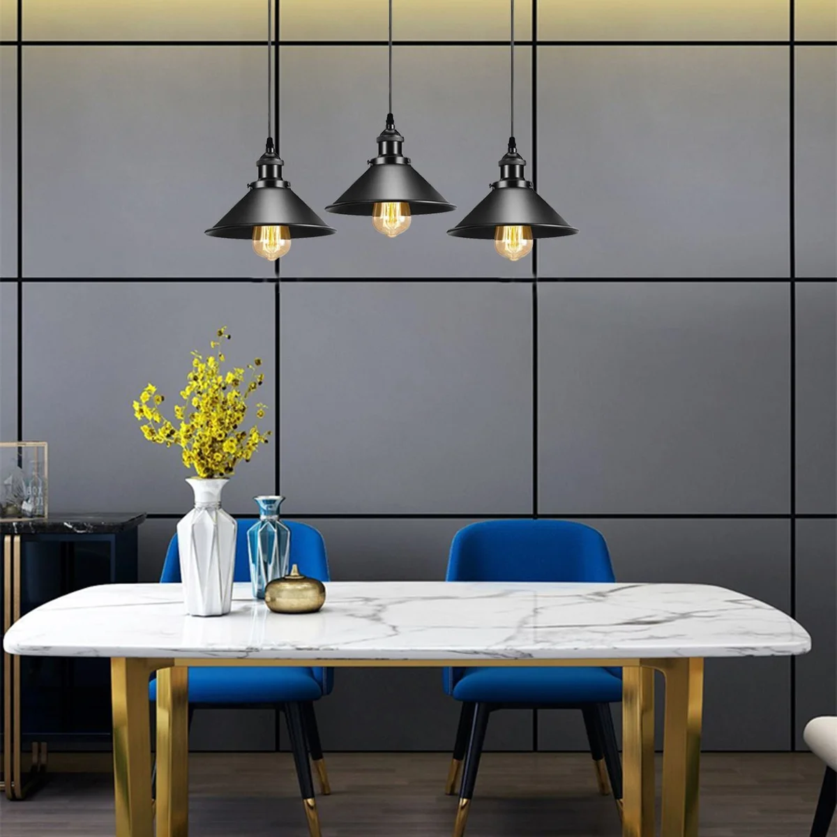 Black metal pendant light with cone-shaped shade hanging from a long PVC cable attached to a ceiling plate.