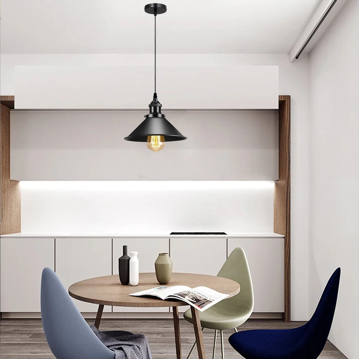 black metal pendant light with conical shade, 95cm PVC cable, E27 base