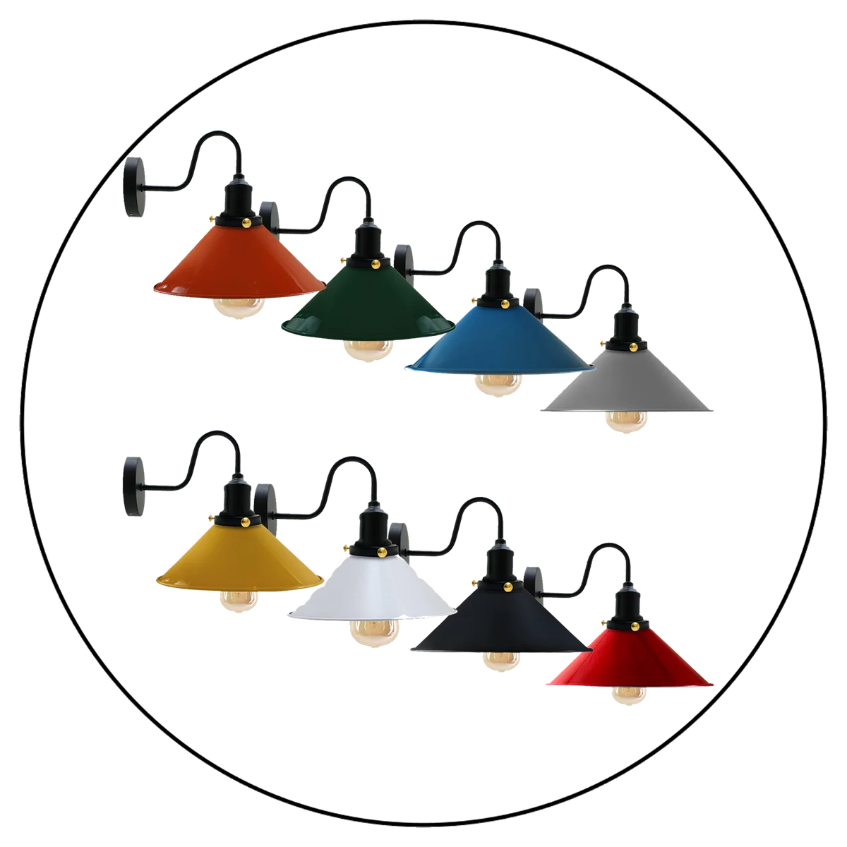 Metal wall light shade in vintage industrial style, cone-shaped black lamp shade with swan neck arm resting on a wall.