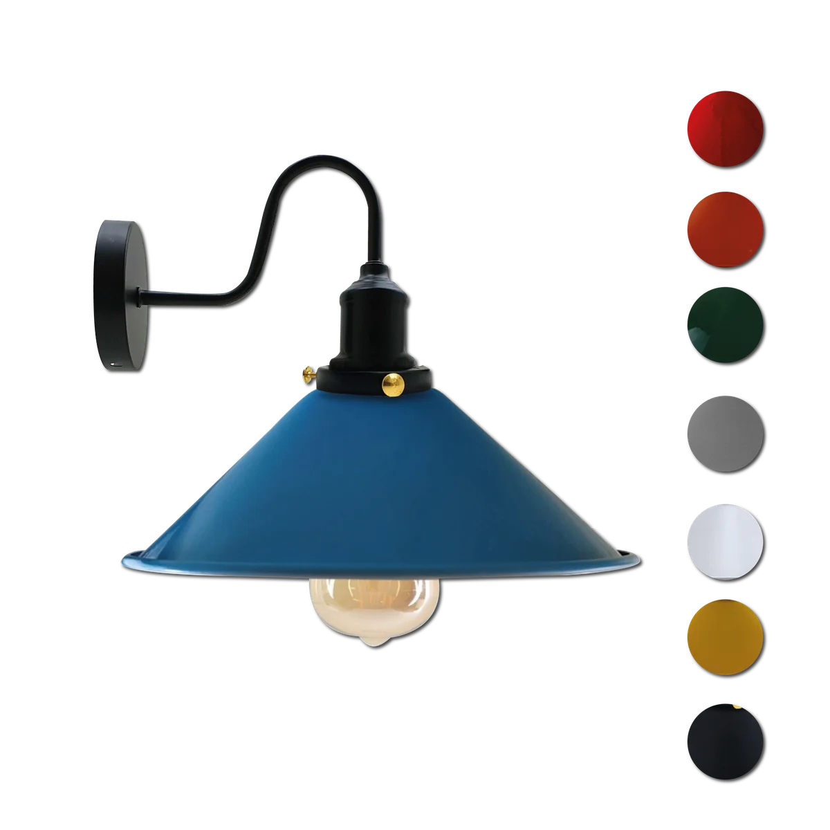 Vintage industrial wall light with black metal cone shade.