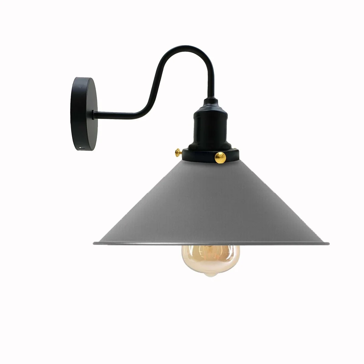 Vintage industrial wall light with black metal cone shade, swan neck arm, mounted on wall.