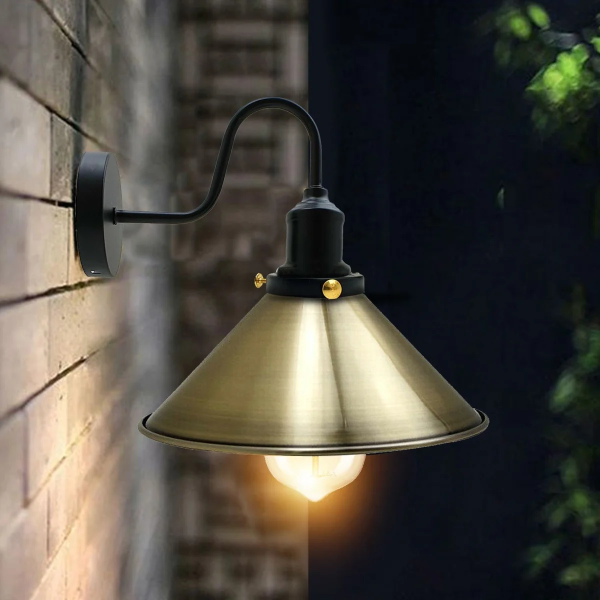 Metal industrial wall lamp with swan neck arm, thickened metal shade, mounted on a wall.