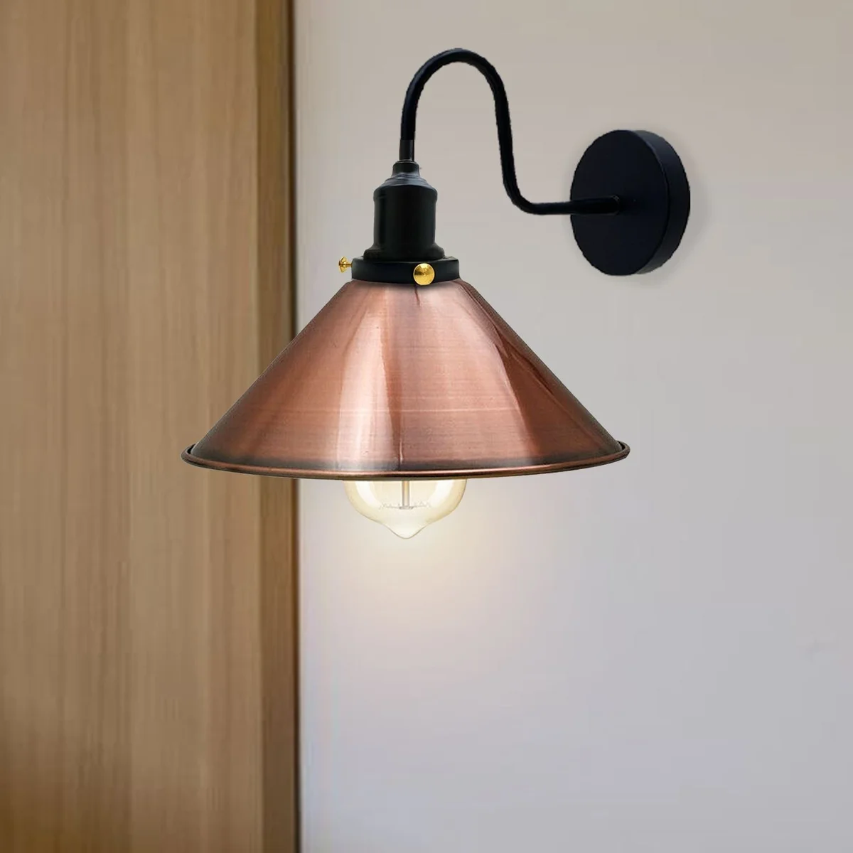 Vintage industrial adjustable wall sconce with curved swan neck arm and electro-plated metal shade