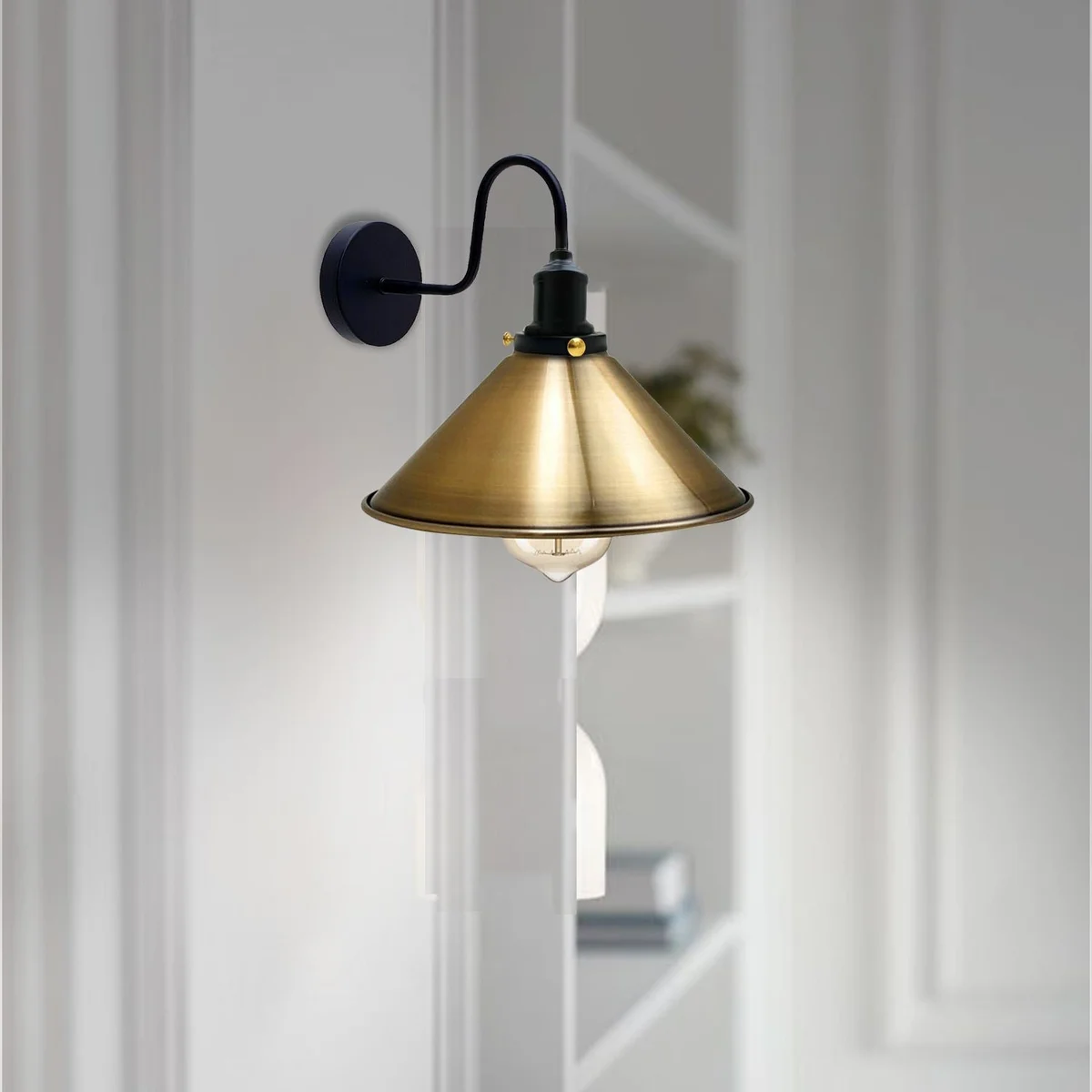 vintage industrial wall light with swan‑neck arm, thick metal cone shade, E27 base, electro‑plated finish