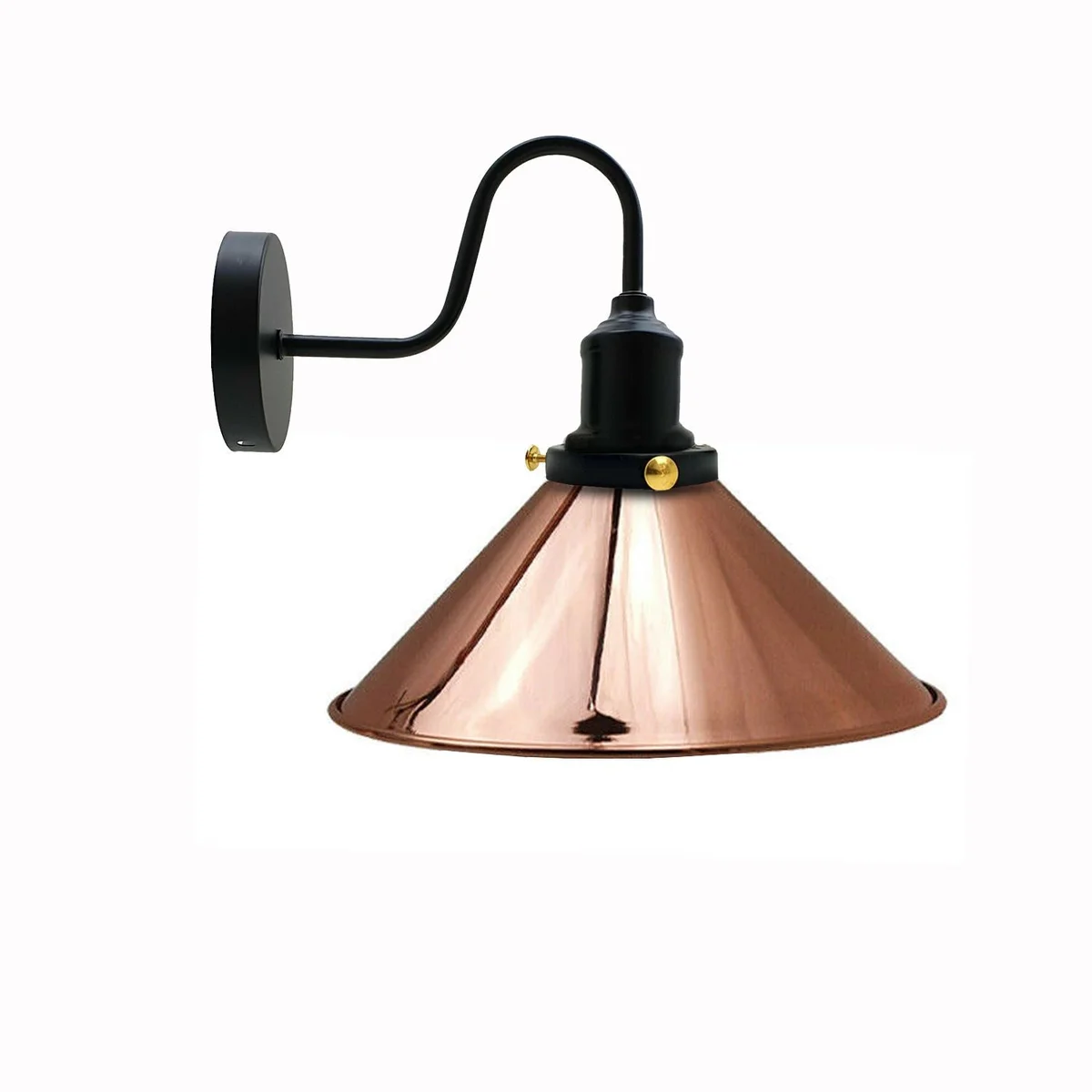 Vintage industrial wall light with curved swan neck, electro‑plated metal shade and matching ceiling rose.