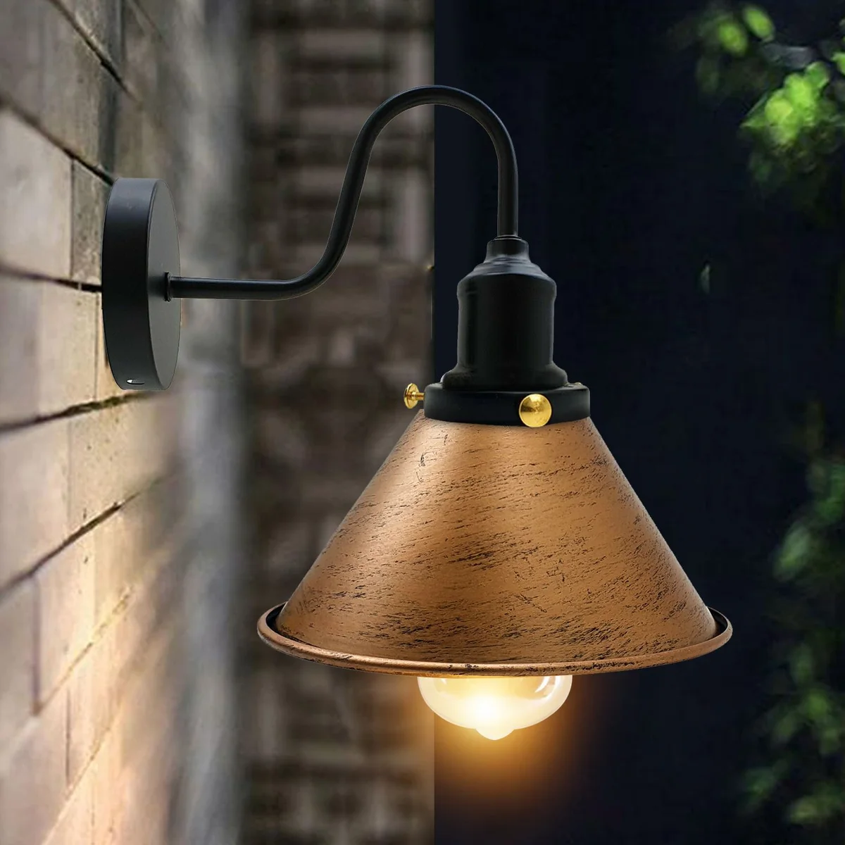 Metal cone shape wall light hanging on wall, featuring a slender 18 cm diameter shade and a sleek industrial design.