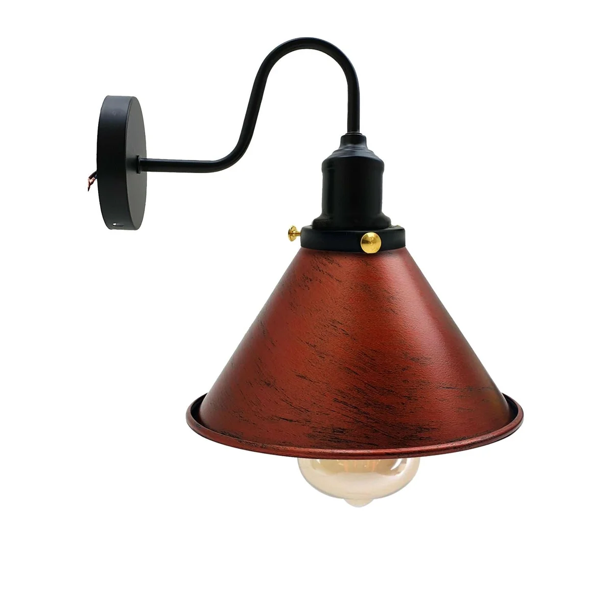 Metal cone-shaped industrial wall lights in rustic red finish hanging against a neutral wall.