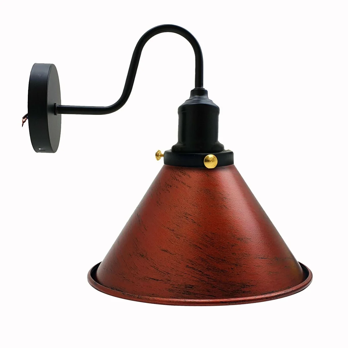 Industrial wall lights with sleek cone-shaped metal shade in brushed brass finish hanging on wall.