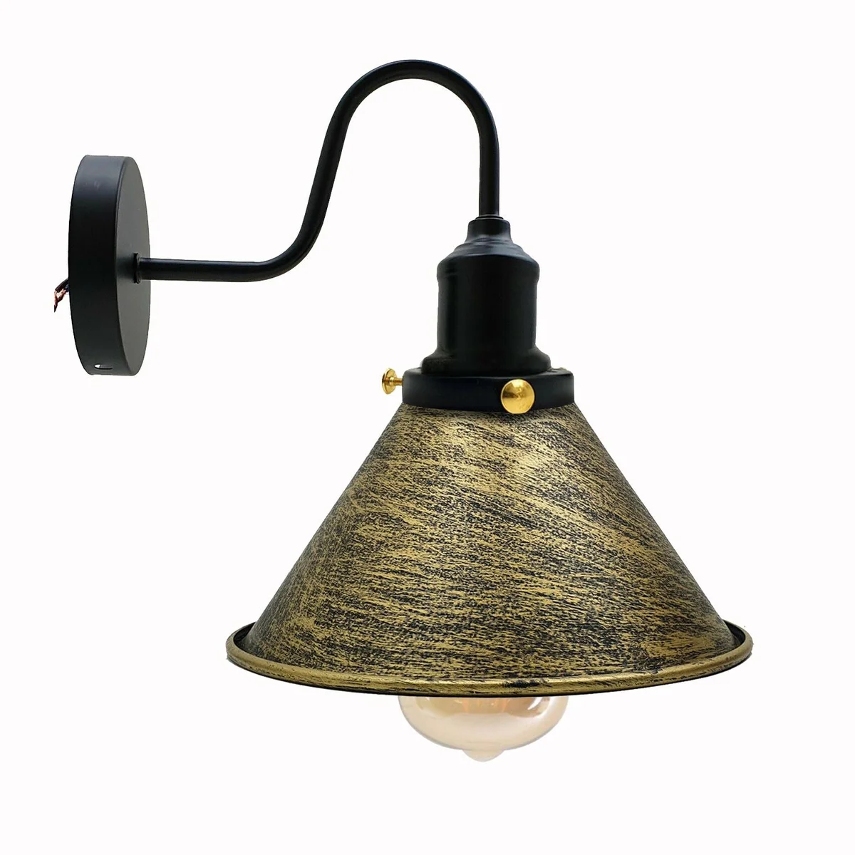 Industrial wall lights: sleek metal cone‑shaped fixture with rustic red shade, mounted on wall in modern living room