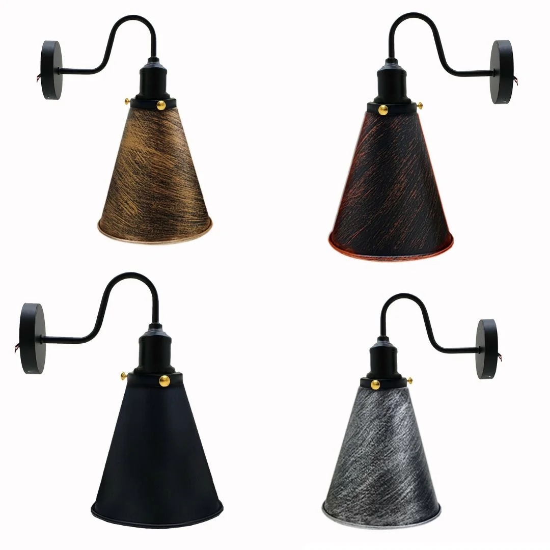 Metal wall lamp featuring a cone‑shaped black metal shade, 18cm diameter, mounted on wall.