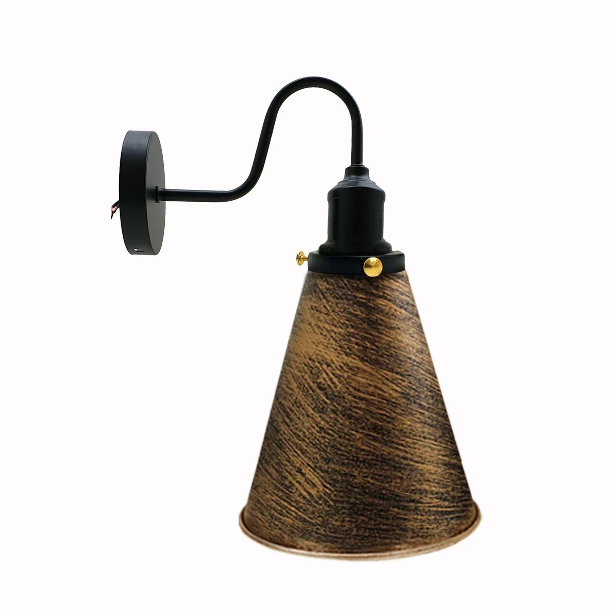 Retro wall light with 18cm wide metal cone shade in black, rustic red, brushed copper or silver, mounted on wall.