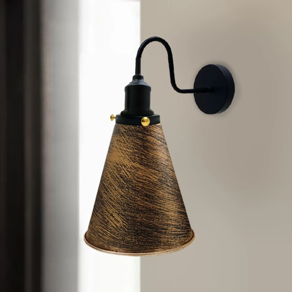 Metal cone wall light shade in black, 18cm diameter, 17cm height, part of industrial style lighting, accompanied by holder and rose.