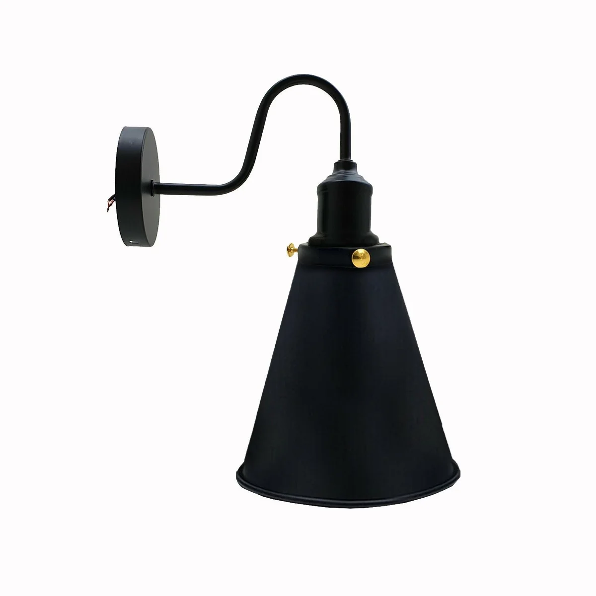 vintage industrial wall light, black metal cone lamp shade 18cm diameter, 17cm tall, mounted on wall