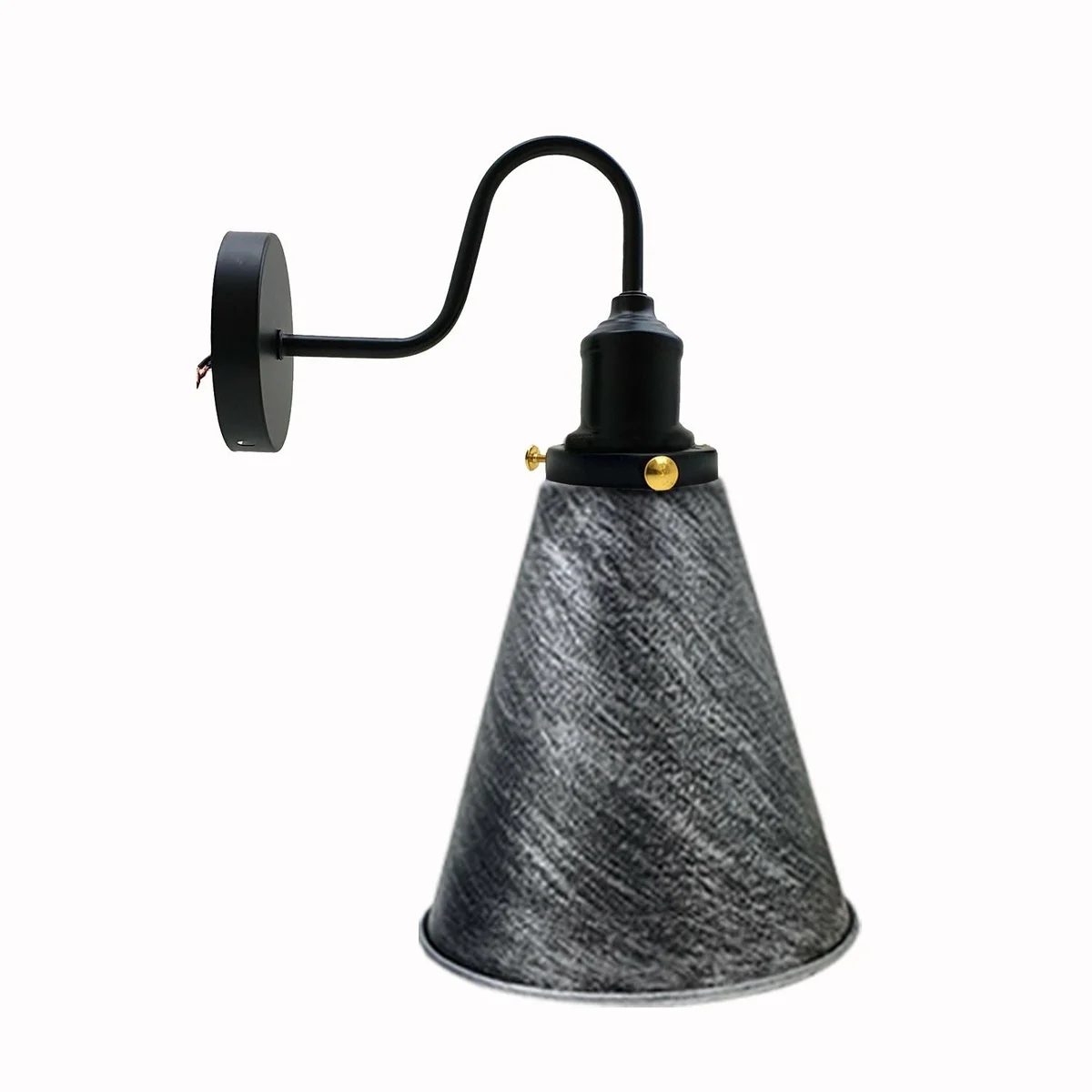 Black vintage industrial wall light with cone‑shaped metal shade, 18cm wide and 17cm high, mounted on wall.