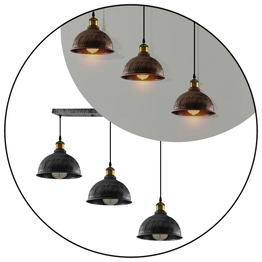 Brushed copper pendant with metal cage design, 3 light holders and shades, hanging from 95cm PVC cable.