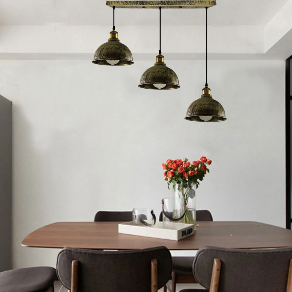 adjustable hanging light with brushed copper metal cage, PVC cable, three light holders, 95cm length