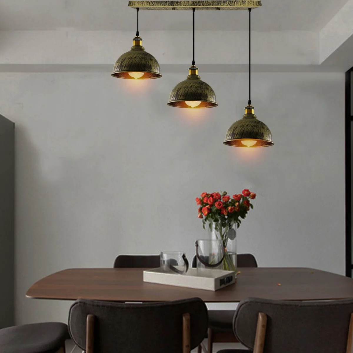 Industrial pendant light with brushed copper metal cage and 3 pendant light shades hanging via 95 cm PVC cable