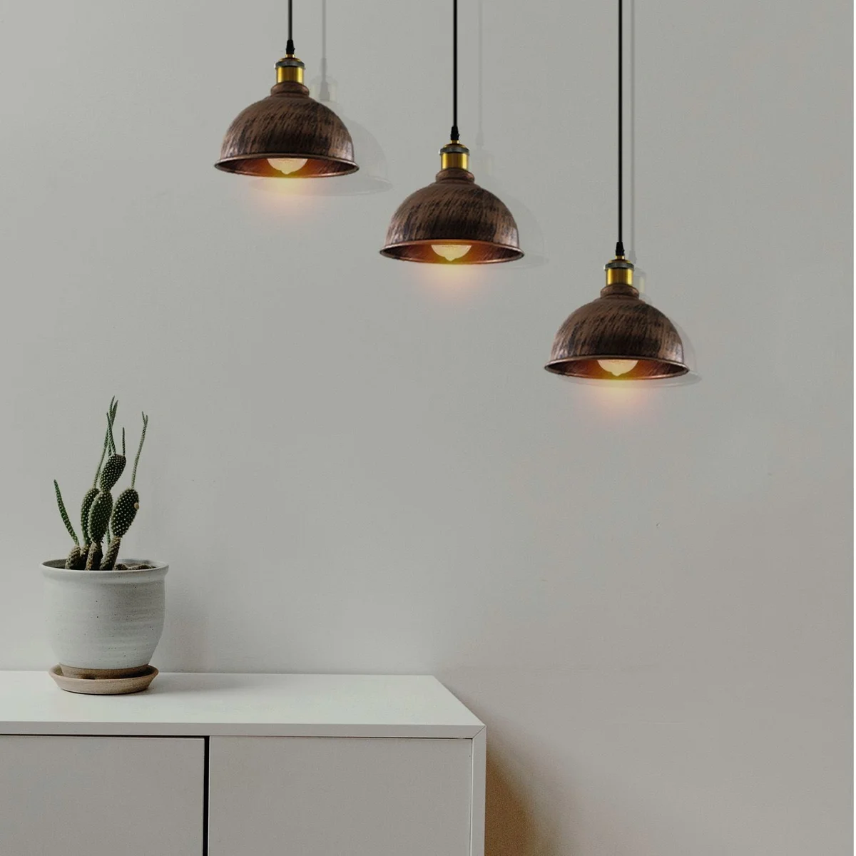 Industrial pendant light with brushed copper metal mug cage shade, hanging, 3 E27 holders, 95 cm cable.