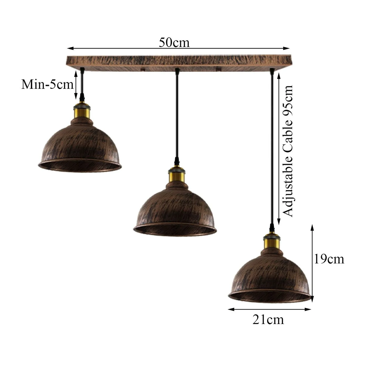 industrial pendant light in brushed copper, metal cage with three light shades, hanging from ceiling