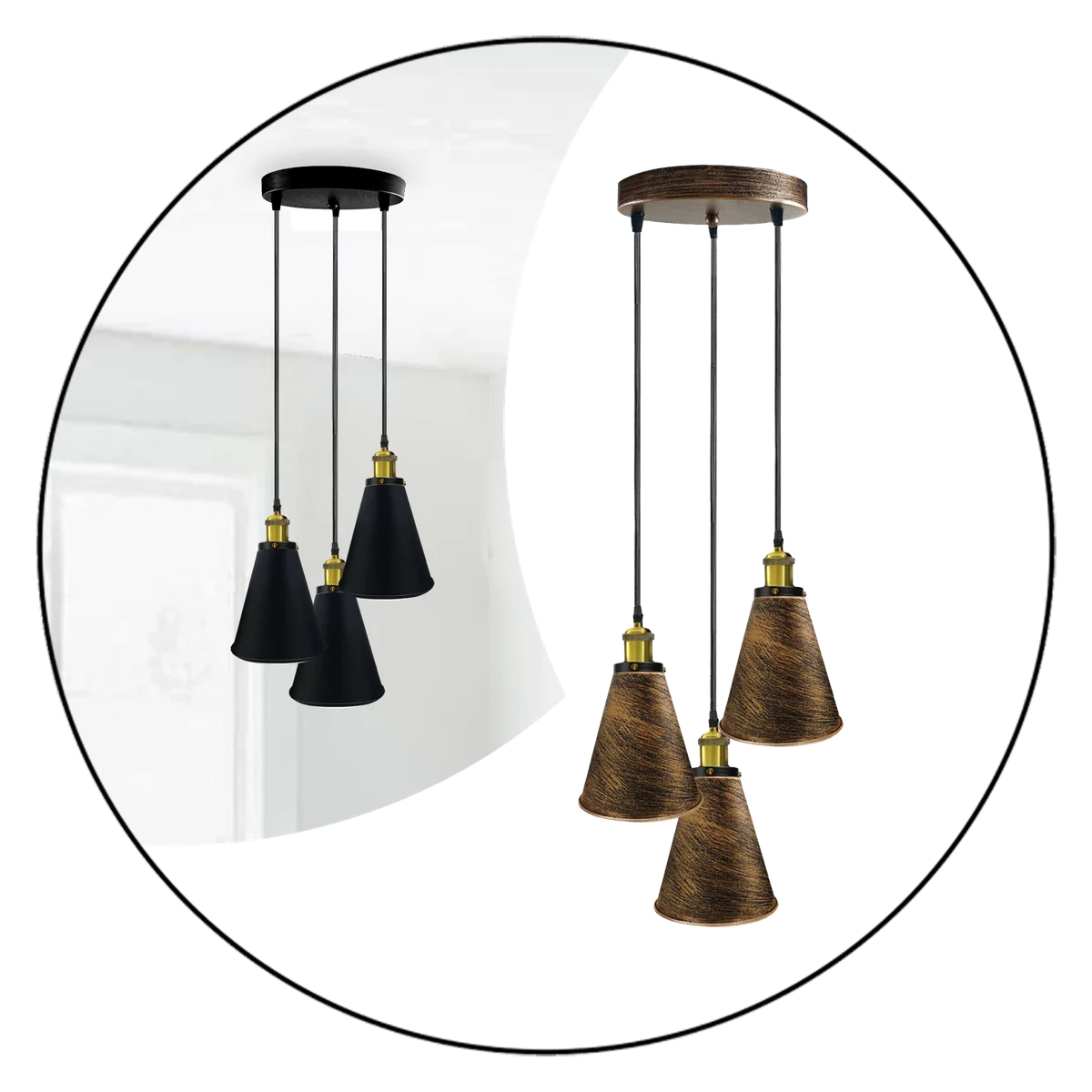 Adjustable hanging pendant light with metal and PVC construction, 3 clear shades, E27 base, black finish.