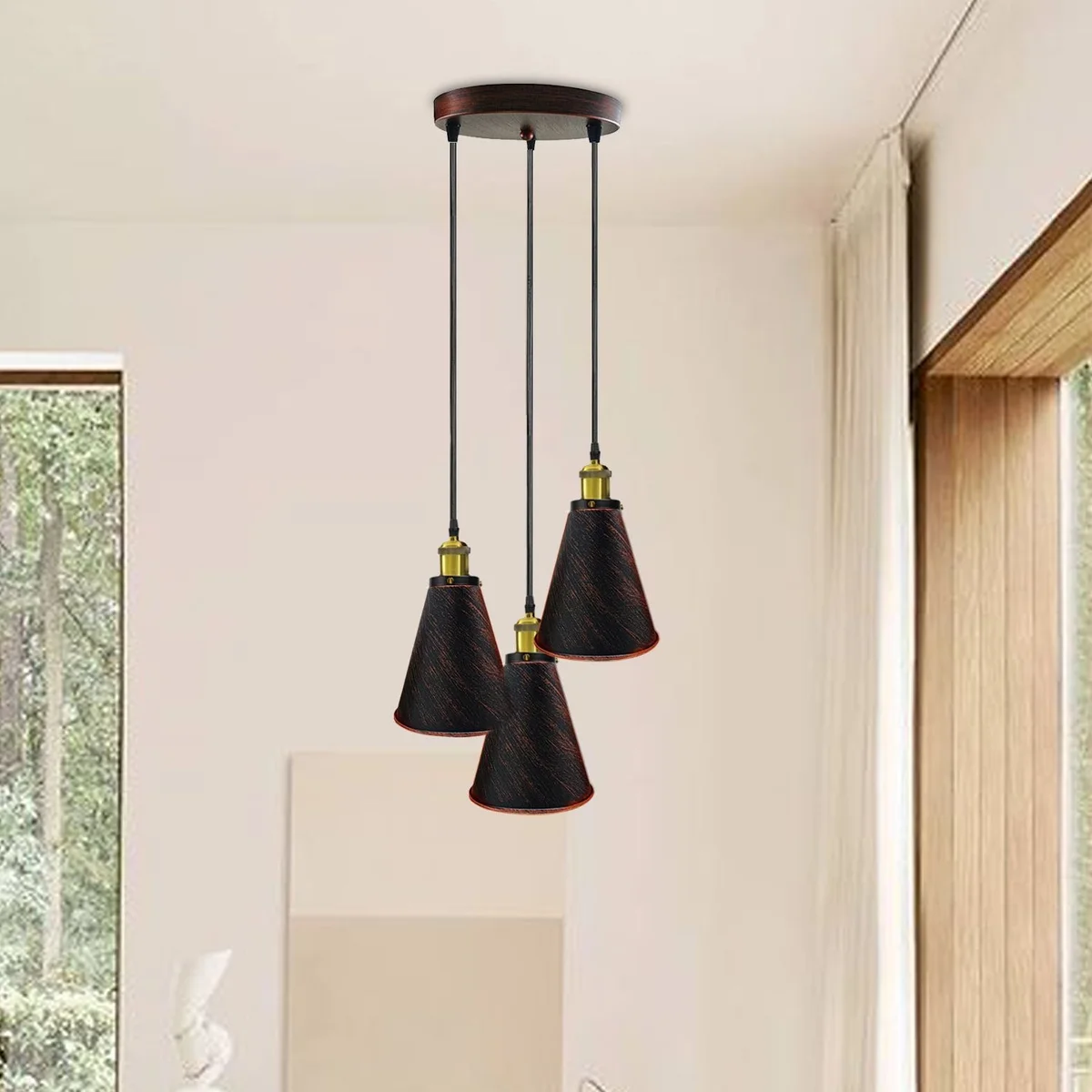 Retro industrial 3 head pendant light with round metal and PVC shades in black, suspended on adjustable cable