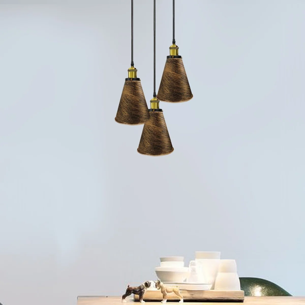 Metal PVC pendant lamp with three round heads, brushed copper finish, 18cm shade diameter, versatile E27 fitting