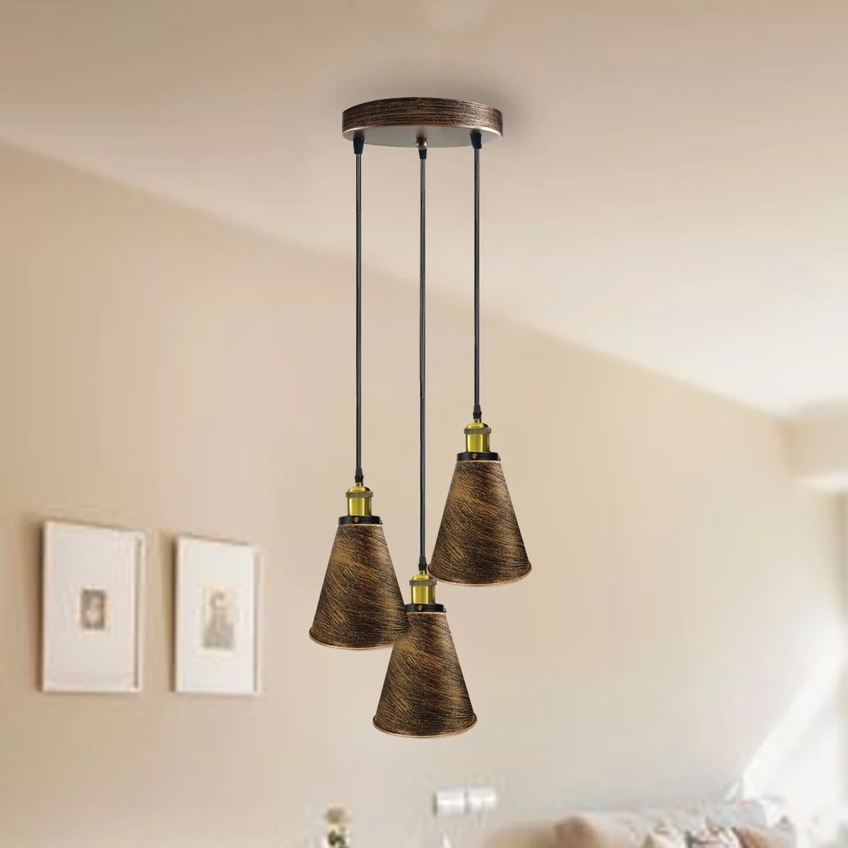 Retro industrial pendant light with three metal shades and a round base, hanging from a 95cm PVC cable.