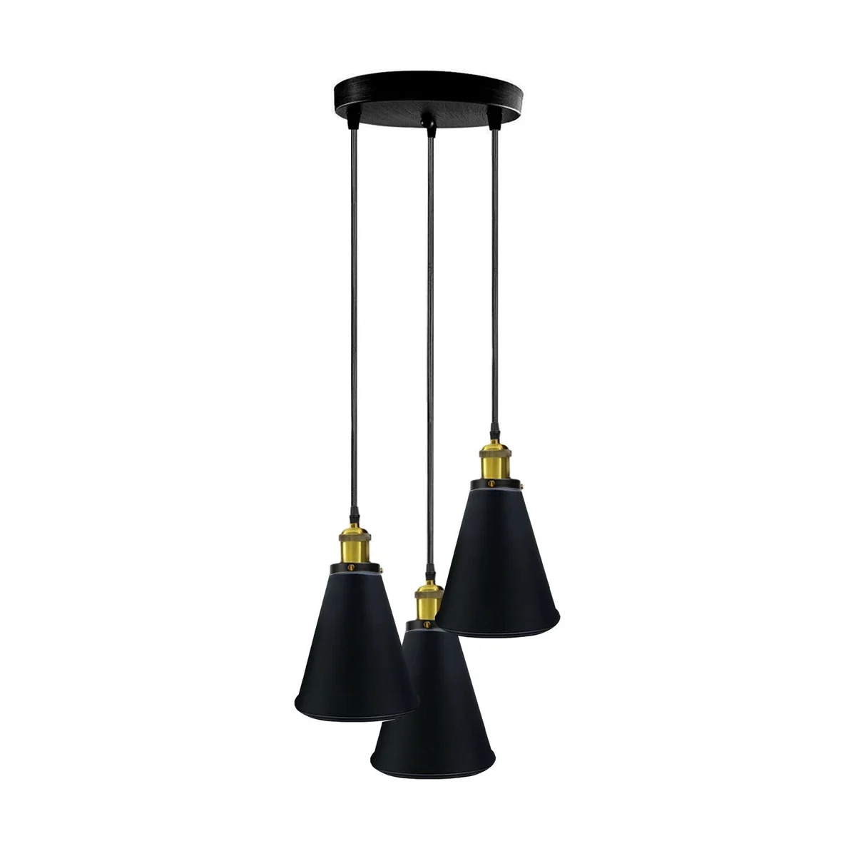 Retro industrial pendant light with 3 metal shades, vintage round design, adjustable cable.