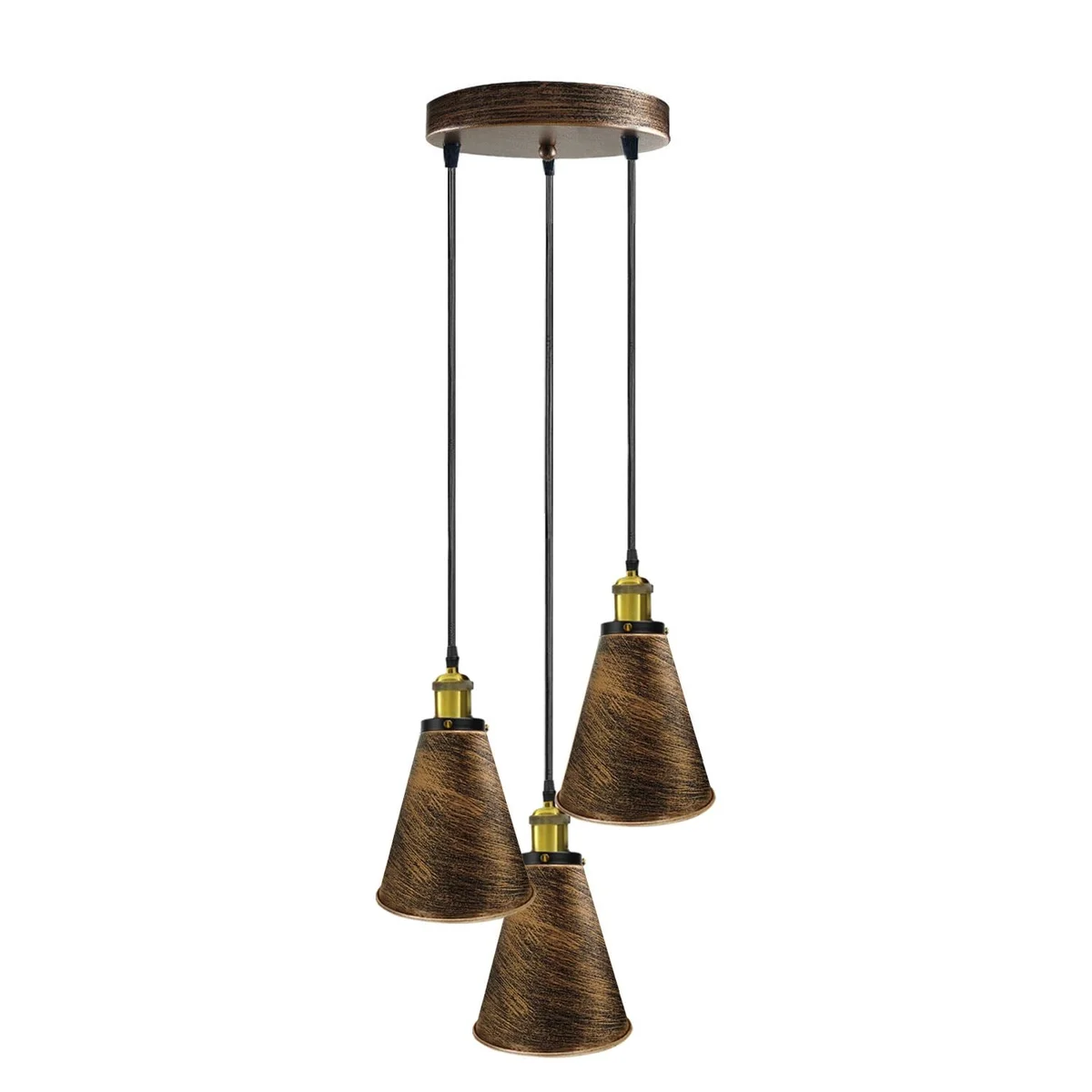 Retro industrial pendant light with metal base, round shade, hanging from ceiling via 95cm cable.