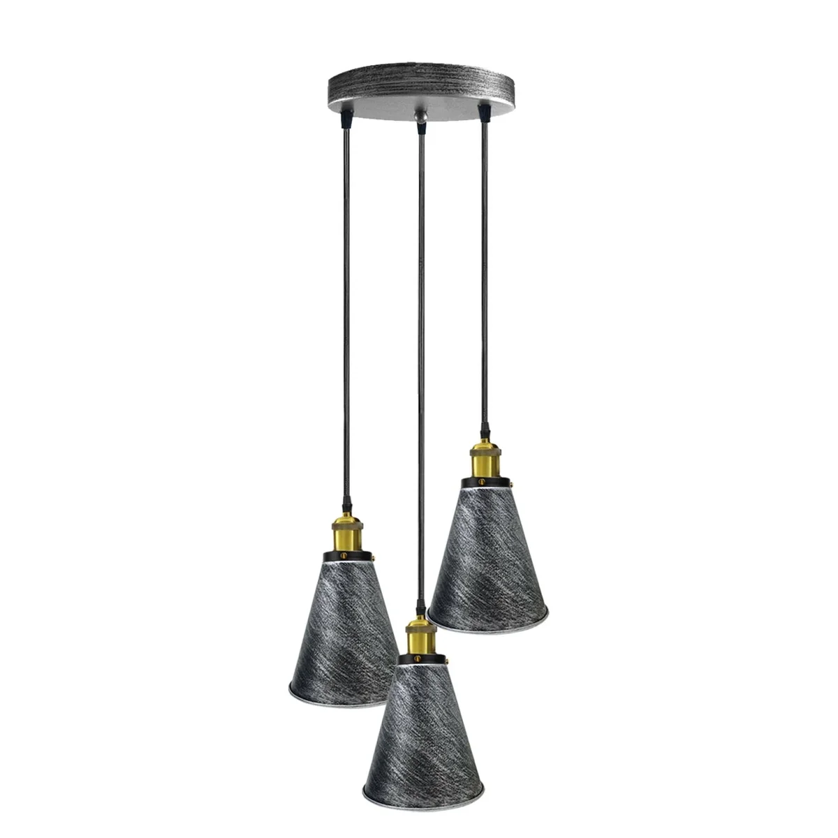 Retro industrial pendant light with round metal shade, black finish, hanging on 95cm PVC cable, 3 E27 holders