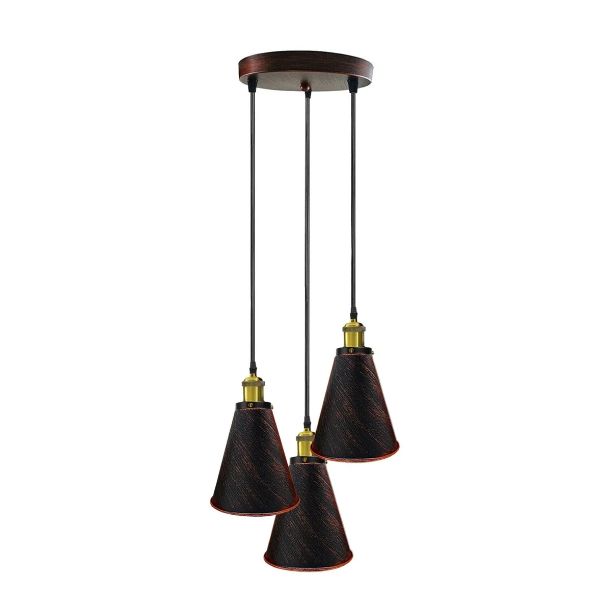 Retro industrial pendant light with three metal heads on a round PVC base, black, brushed copper, silver or rustic red.