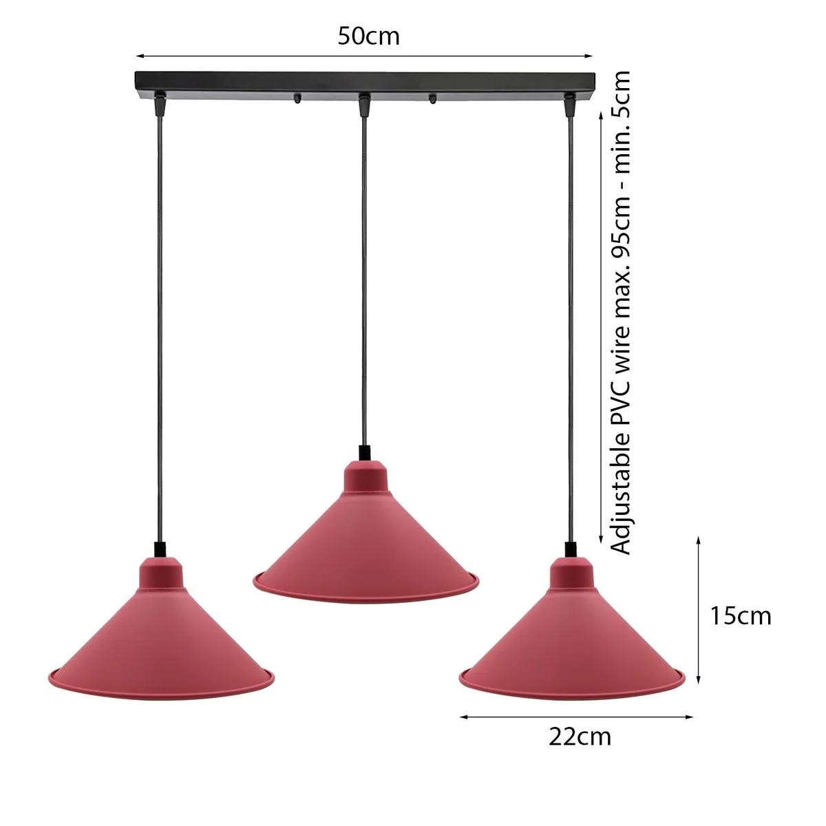 Soft pink metal pendant light with E27 base suspended from ceiling, featuring a retro silhouette and adjustable 95cm cable.