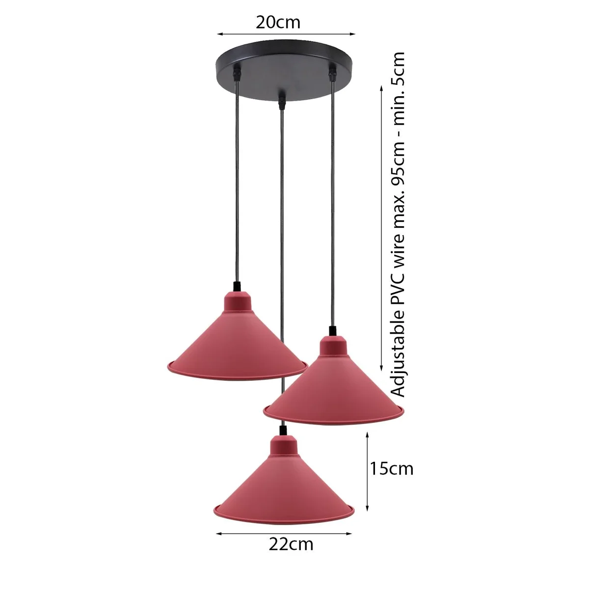 Pink metal retro pendant light with adjustable hanging cable.