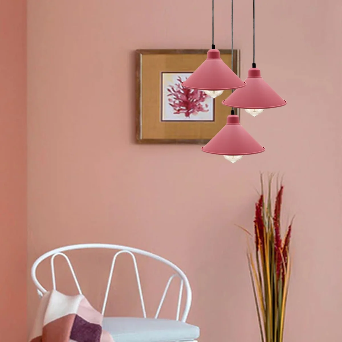 Soft pink metal pendant lamp with retro silhouette hanging from ceiling, 95cm cable visible, stylish modern lighting