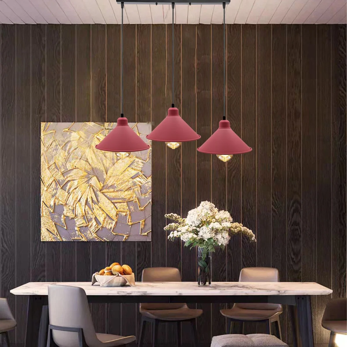 Pink metal pendant light with pastel shade hanging on 95cm cord, featuring an E27 socket, stylish retro design.