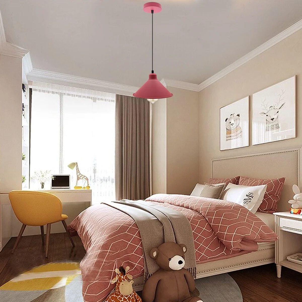 Single pink metal pendant light with adjustable 95cm cord, hanging from ceiling in a retro chic design.