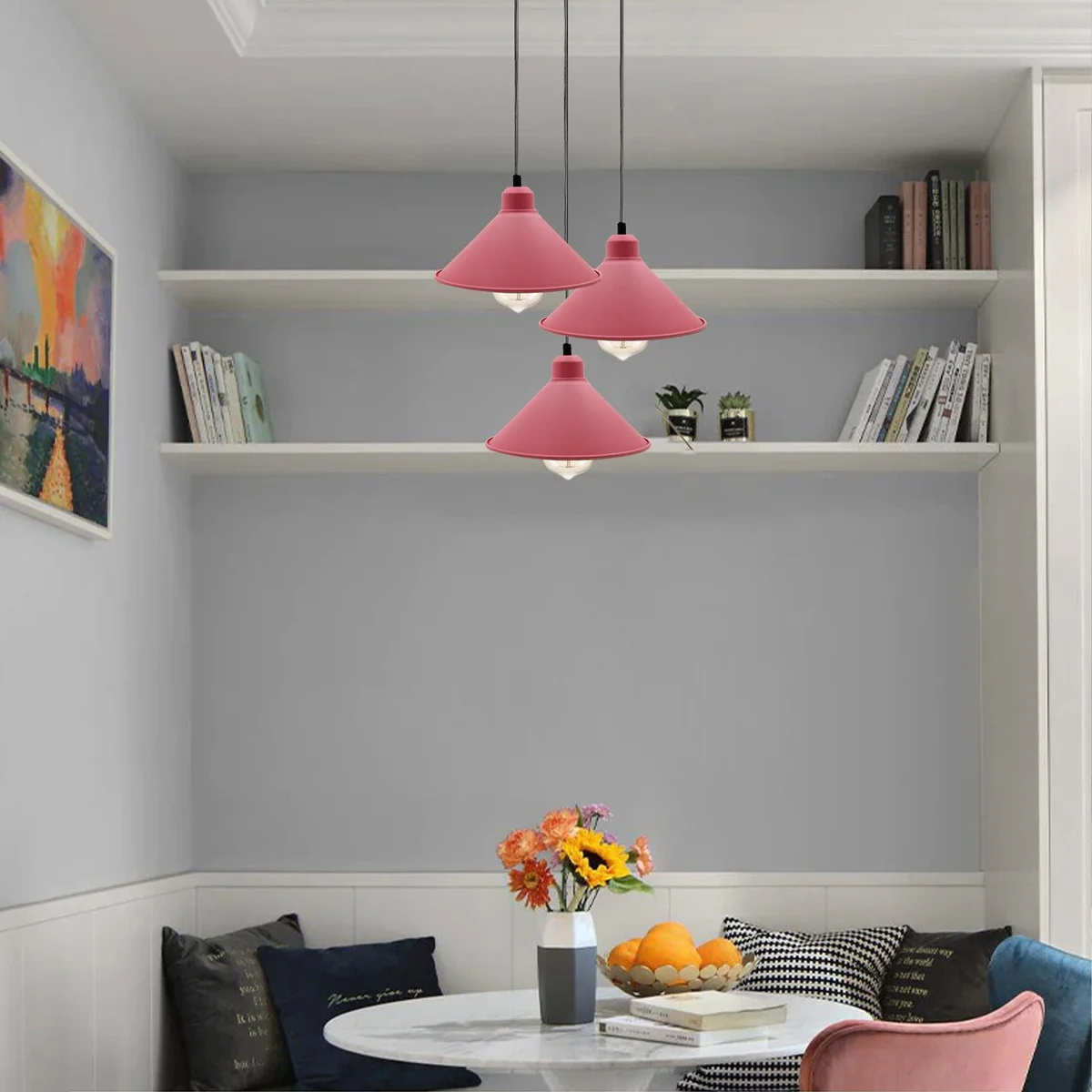 Pink metal pendant light with retro silhouette hanging from ceiling, single head, 95cm cable seen