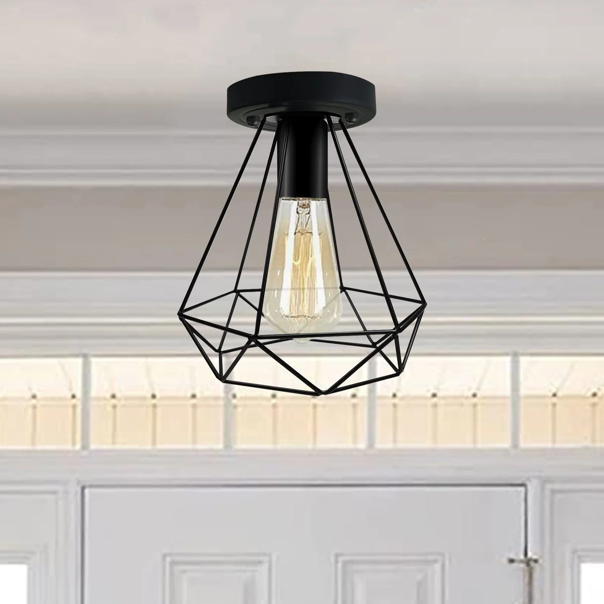 Industrial black wire light shade with metal geometric diamond cage, ceiling flush base in black, suitable for E27 bulb.