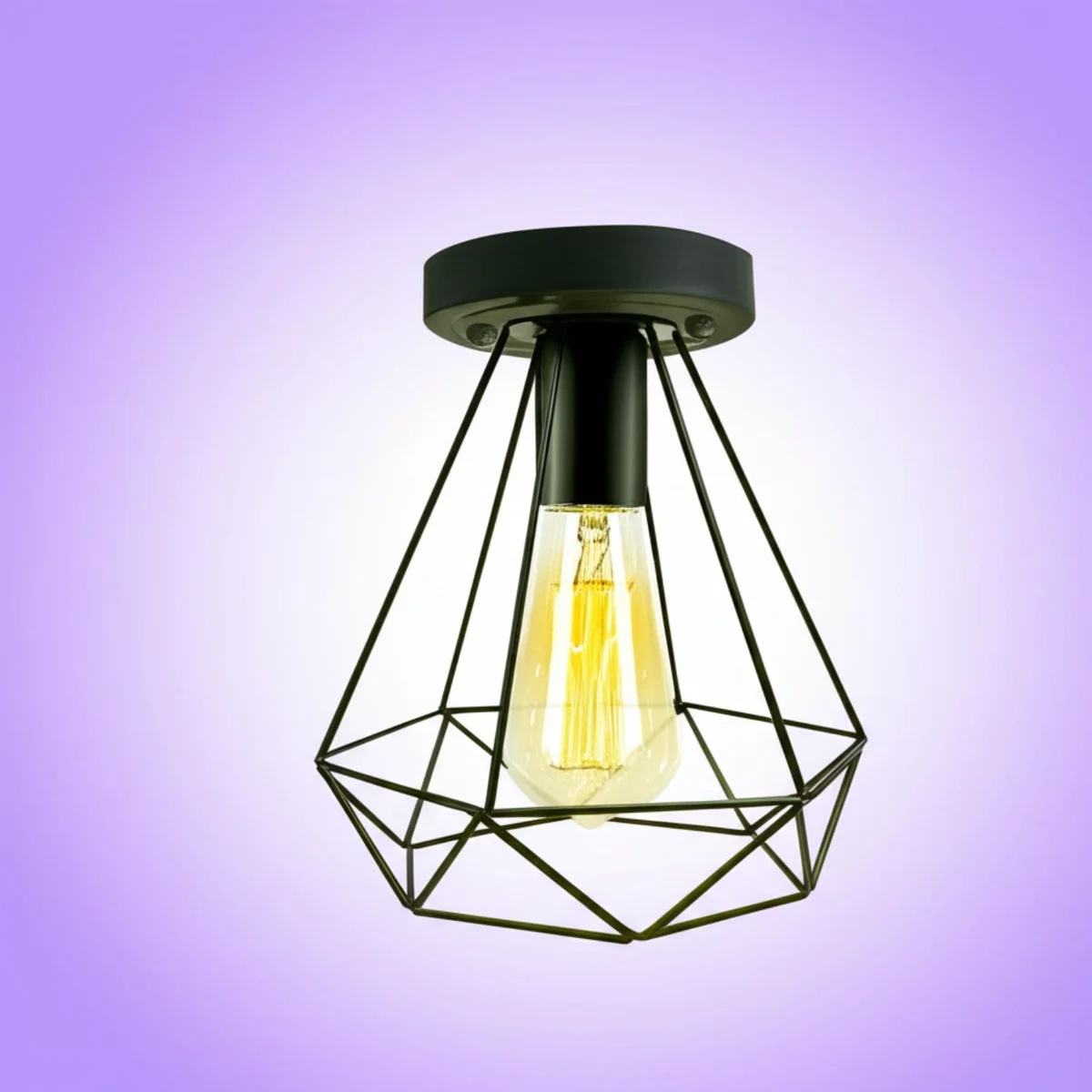 Black geometric diamond metal cage ceiling flush light with E27 base and wire cage shade, minimal industrial style