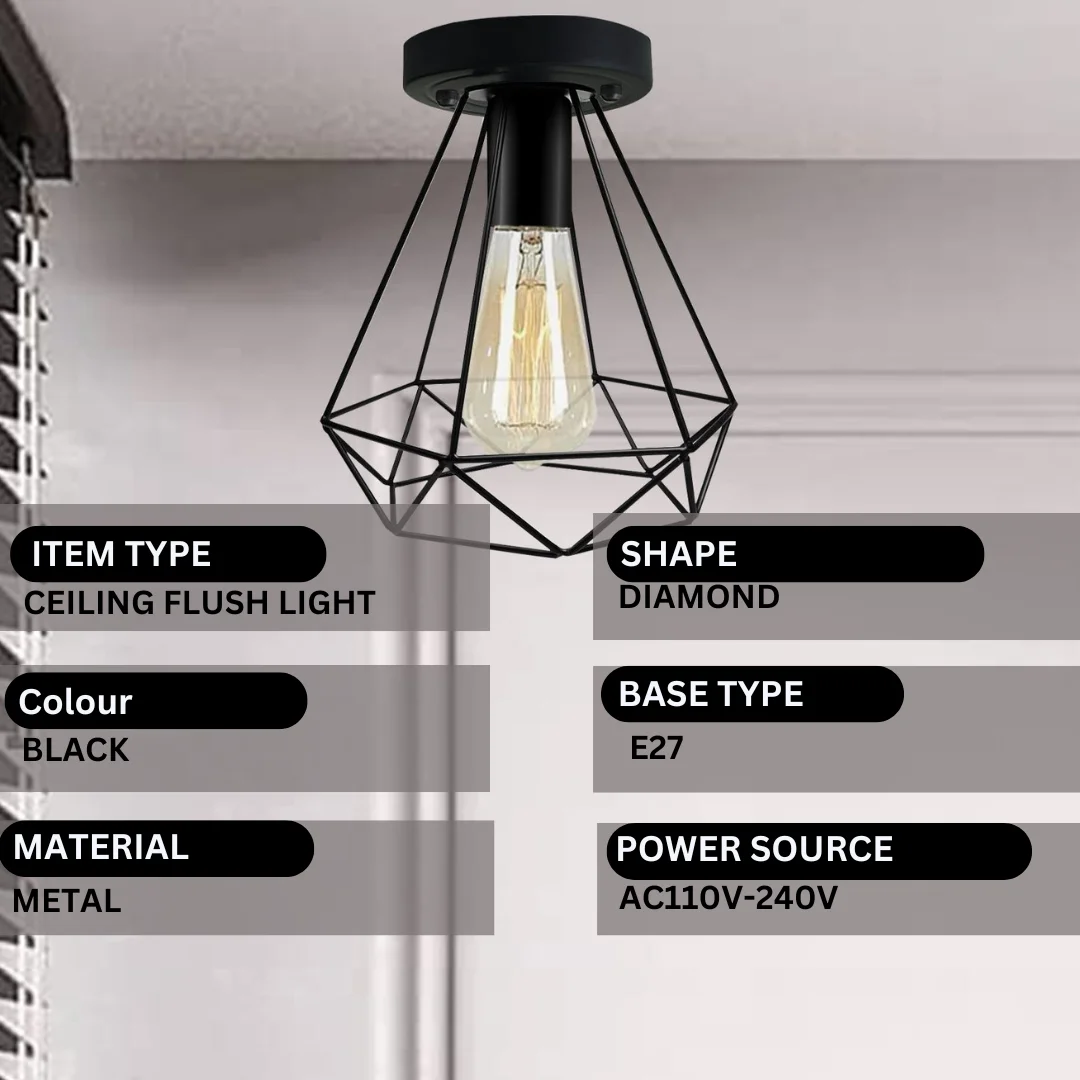 Black metal wire cage flush ceiling light base with geometric diamond shape for modern industrial lighting