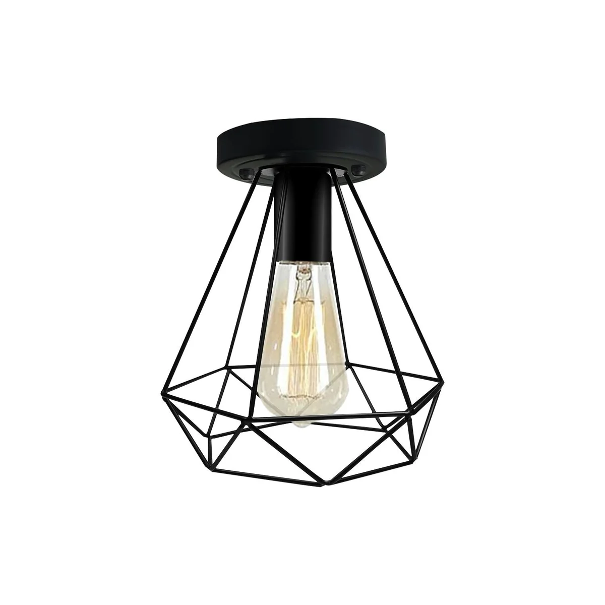 Black ceiling lamp with geometric metal cage shade, diamond‑shaped design, flush mounted, E27 base highlighted