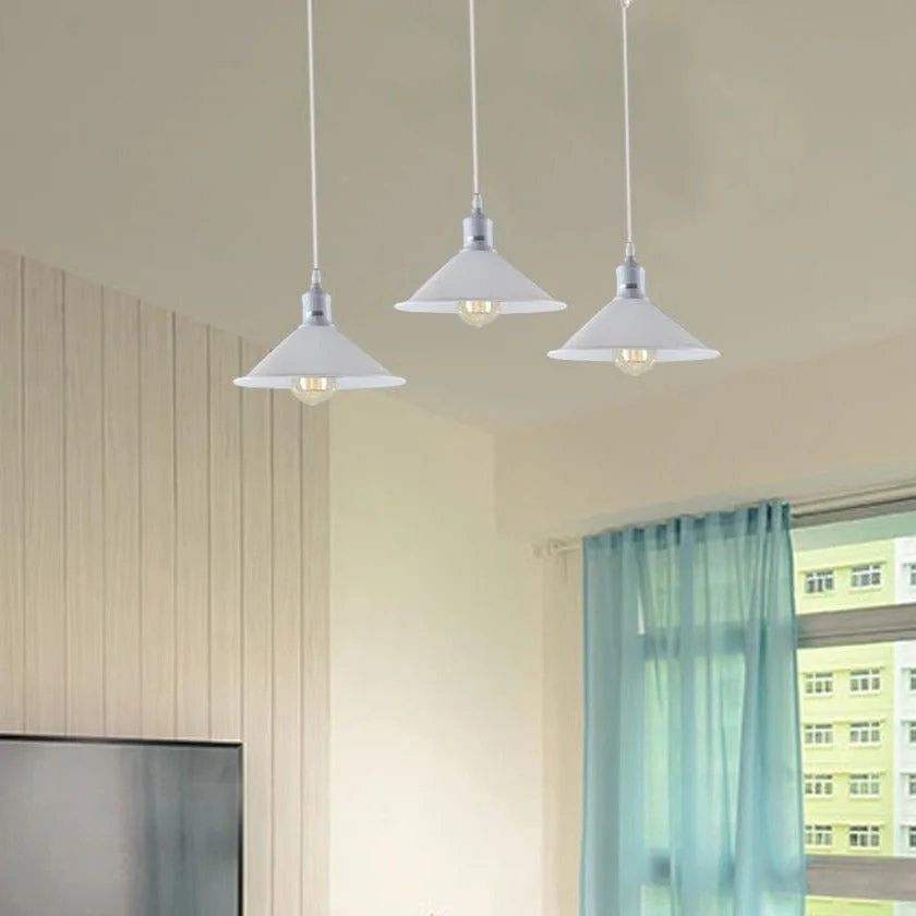 Industrial pendant light with three white metal cone shades, hanging from ceiling, metal + PVC base, 60W E27 lamp holder