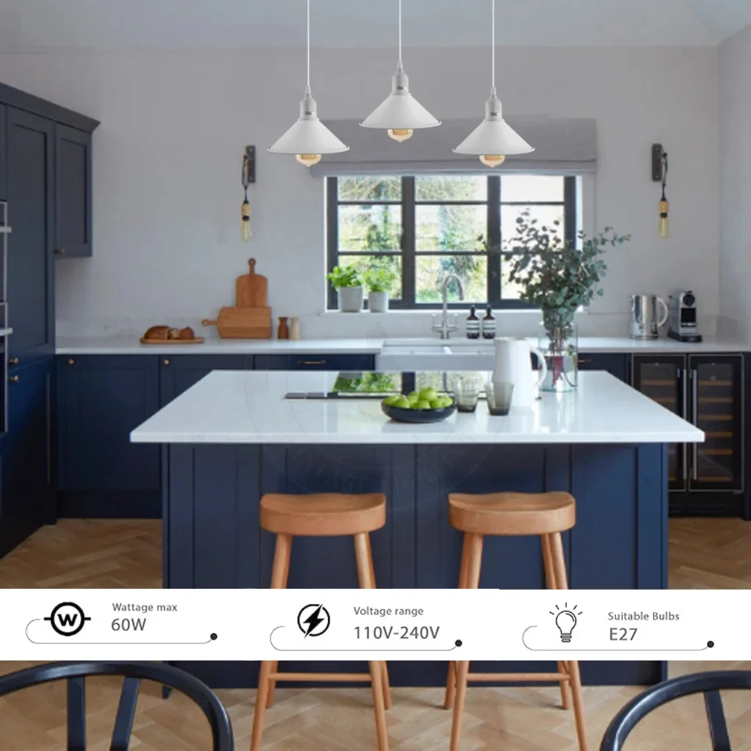 3 way ceiling light hanging from ceiling, metal cone shades with white PVC, three E27 holders, 22cm diameter cones.